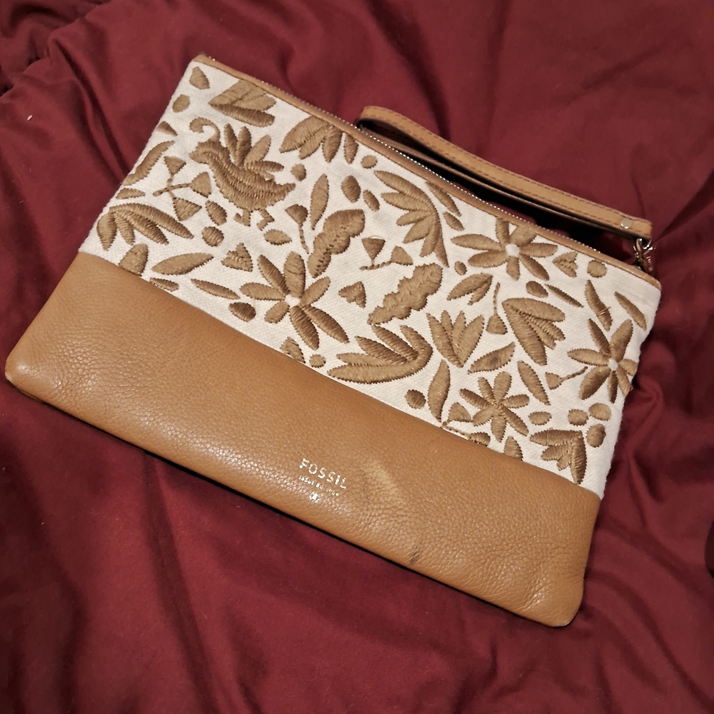 Fossil Brown and Cream Floral Embroidery Cosmetic Bag